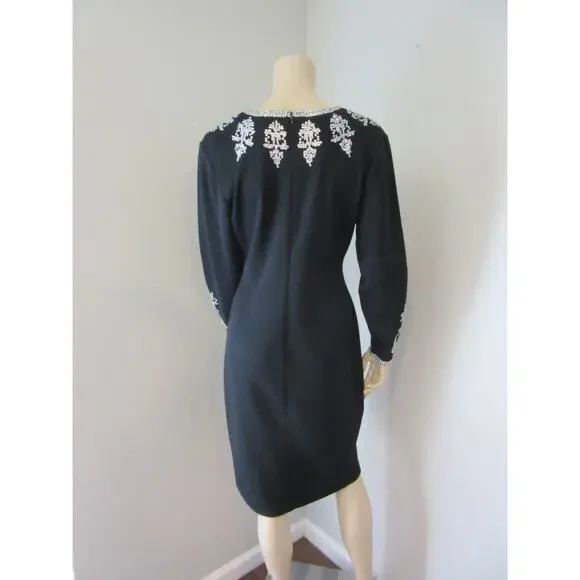 LIZ CLAIBORNE Black Beaded Vintage 10 Wool Blend Long Sleeve Knee Length Dress - Picture 5 of 7